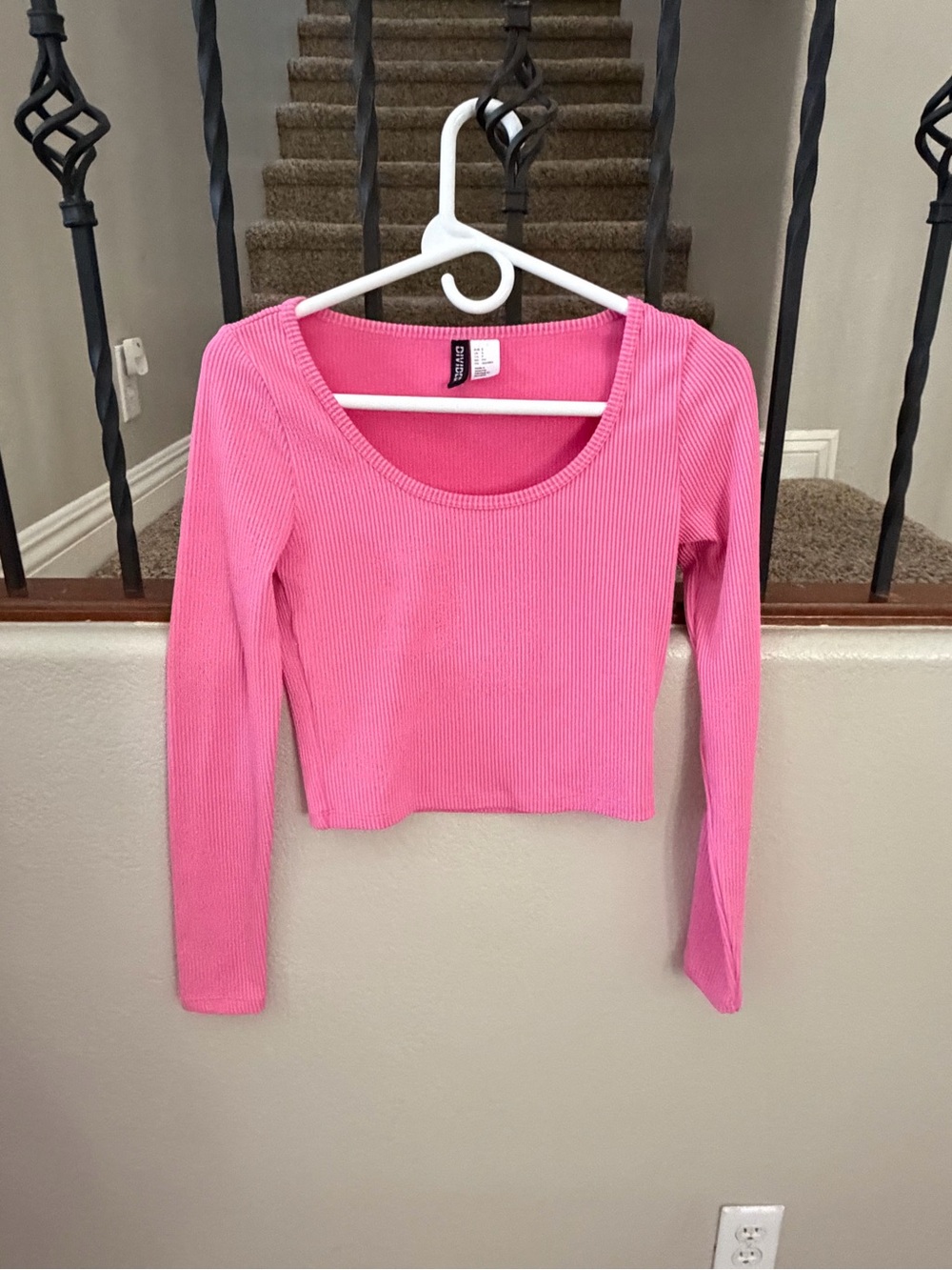 Divided Bright Pink Ribbed Scoop Neck Long Sleeve Crop Top